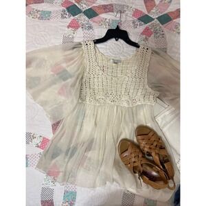 Dressbarn Womens Cream Crochet Knit Chiffon Flutter Sleeve Boho Blouse Large